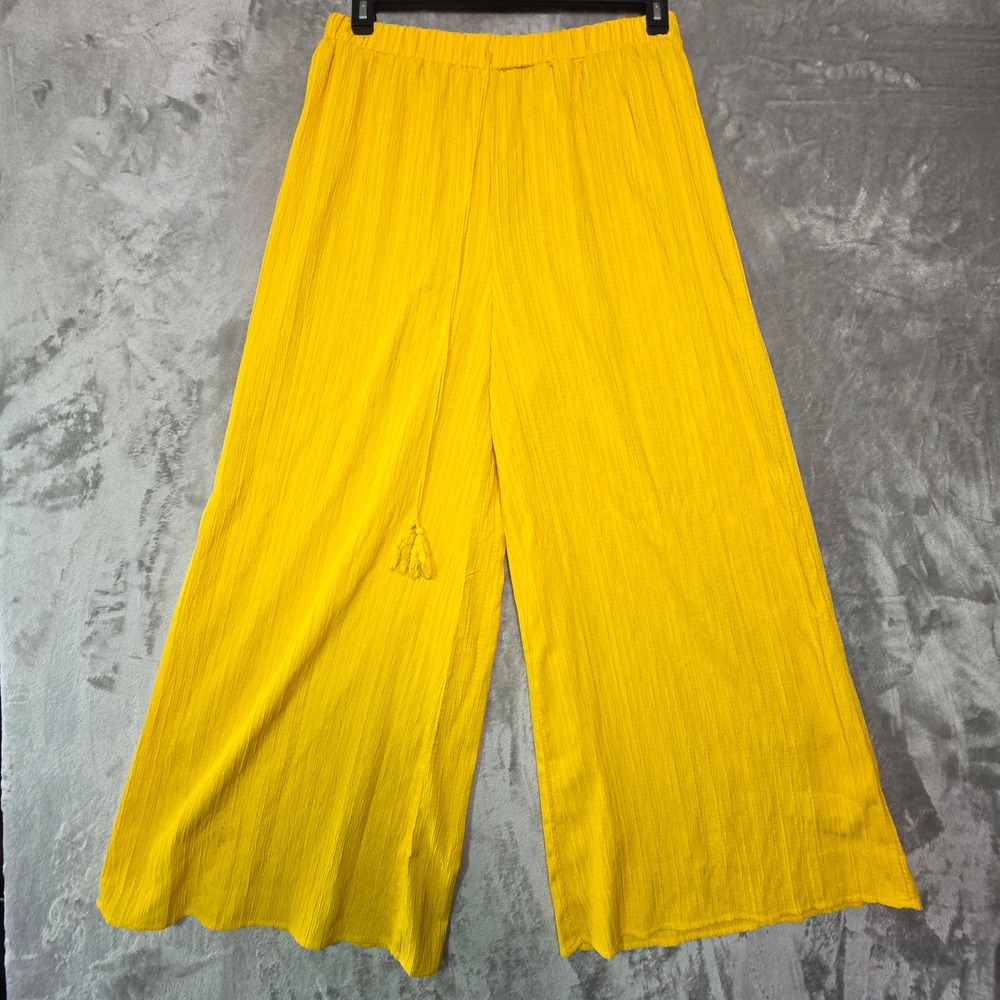 Yellow Textured Wide Leg Tassel Drawstring Pants XL Boho Flowy Beach Trousers